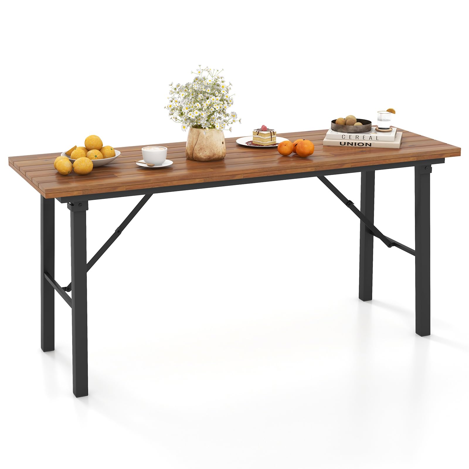 Tangkula Table de salle à manger d'extérieur pour 4-6 personnes, pliable, sans assemblage, table de salle à manger étroite de 150 cm pour terrasse